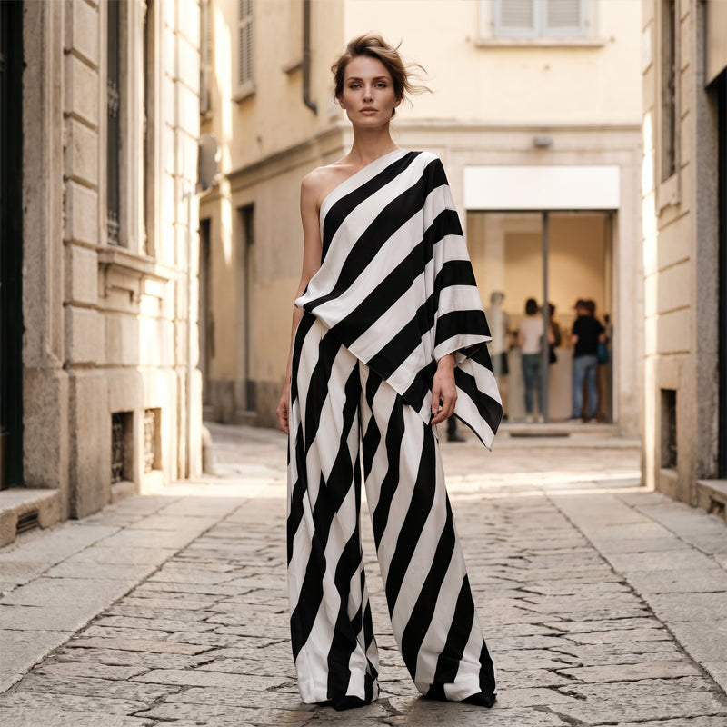 💃 LIMITED-TIME 50% OFF! ✨ Women's Asymmetrical Stripe Set – One-Shoulder, Wide-Leg, Breezy 🍂