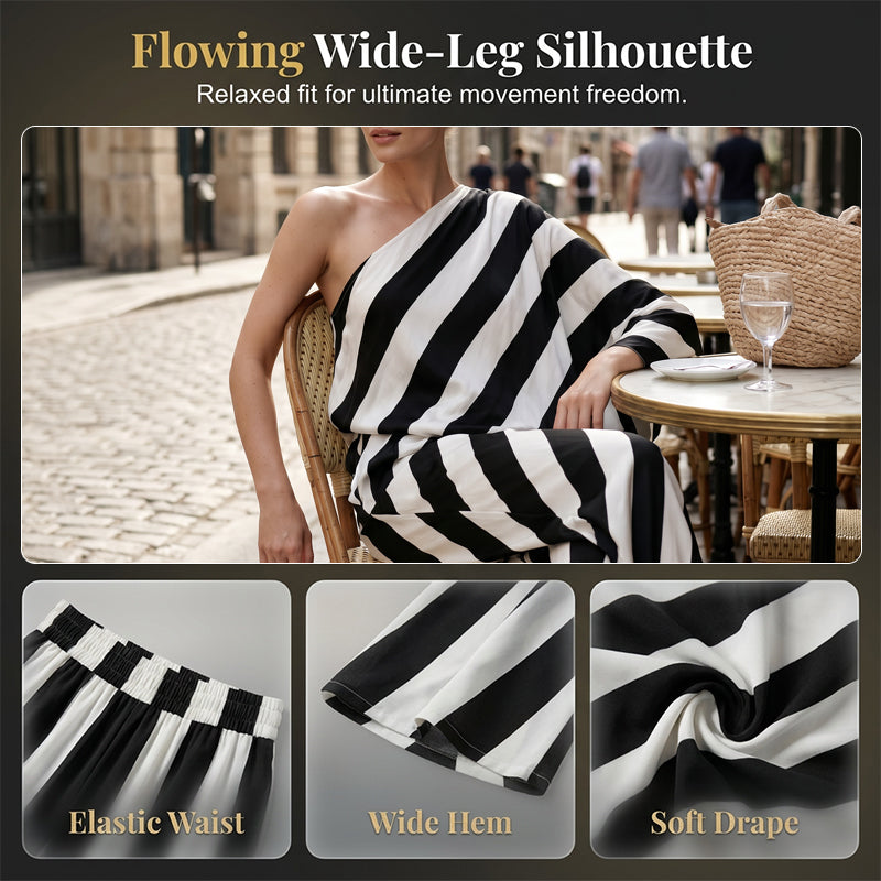 💃 LIMITED-TIME 50% OFF! ✨ Women's Asymmetrical Stripe Set – One-Shoulder, Wide-Leg, Breezy 🍂