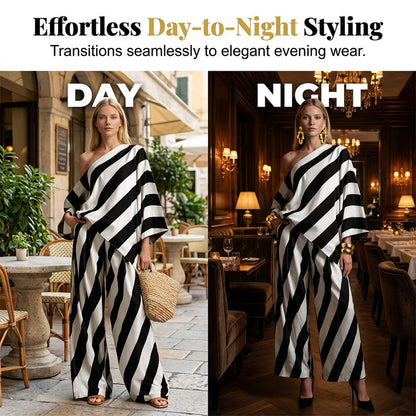 💃 LIMITED-TIME 50% OFF! ✨ Women's Asymmetrical Stripe Set – One-Shoulder, Wide-Leg, Breezy 🍂