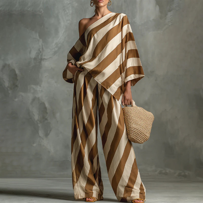💃 LIMITED-TIME 50% OFF! ✨ Women's Asymmetrical Stripe Set – One-Shoulder, Wide-Leg, Breezy 🍂