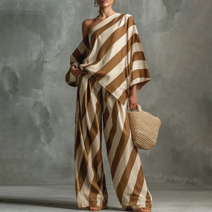 💃 LIMITED-TIME 50% OFF! ✨ Women's Asymmetrical Stripe Set – One-Shoulder, Wide-Leg, Breezy 🍂