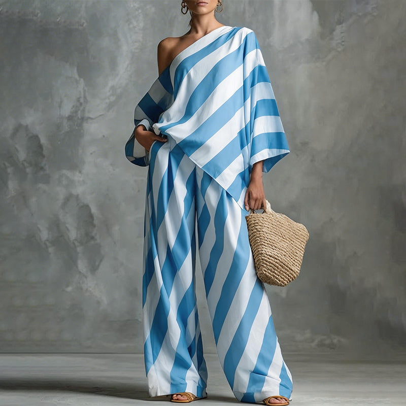 💃 LIMITED-TIME 50% OFF! ✨ Women's Asymmetrical Stripe Set – One-Shoulder, Wide-Leg, Breezy 🍂