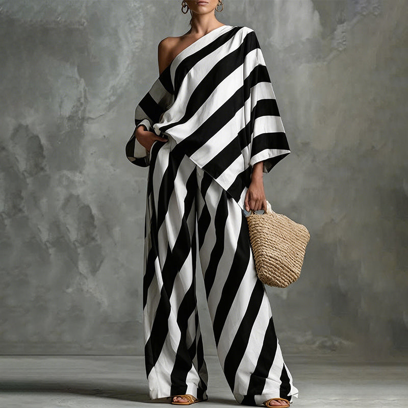 💃 LIMITED-TIME 50% OFF! ✨ Women's Asymmetrical Stripe Set – One-Shoulder, Wide-Leg, Breezy 🍂