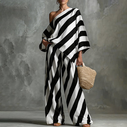 💃 LIMITED-TIME 50% OFF! ✨ Women's Asymmetrical Stripe Set – One-Shoulder, Wide-Leg, Breezy 🍂