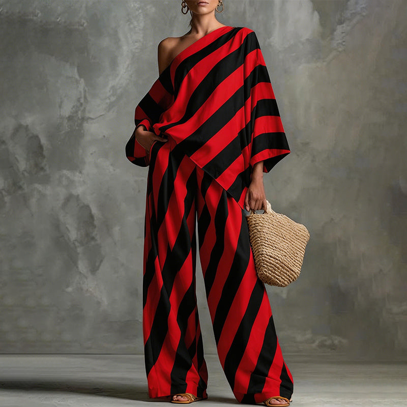 💃 LIMITED-TIME 50% OFF! ✨ Women's Asymmetrical Stripe Set – One-Shoulder, Wide-Leg, Breezy 🍂