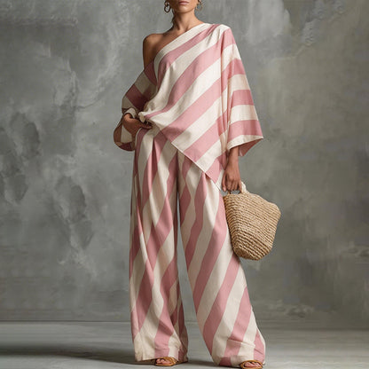 💃 LIMITED-TIME 50% OFF! ✨ Women's Asymmetrical Stripe Set – One-Shoulder, Wide-Leg, Breezy 🍂
