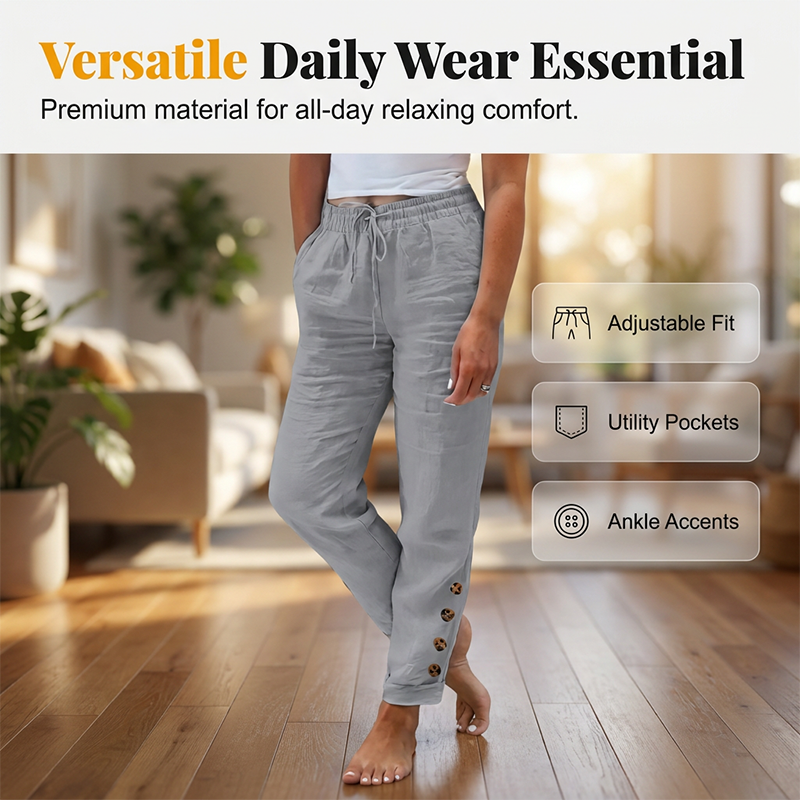 Women's Drawstring Waist Pants with Buttoned Ankles
