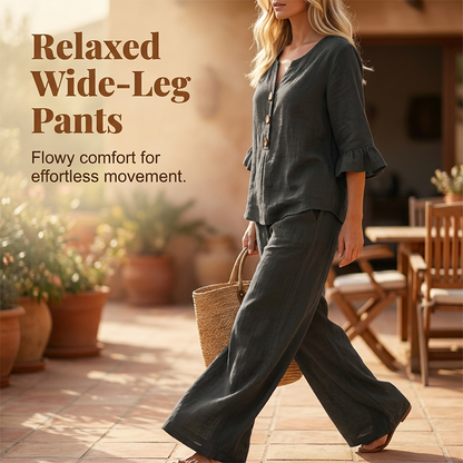 Women's Ruffled-Sleeve Top & Wide-Leg Pants Set