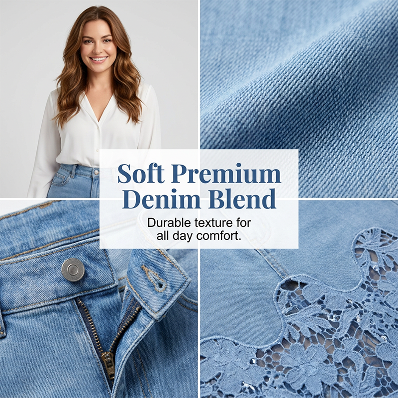 Women's Denim Bodycon Skirt with Hollow Lace Trim