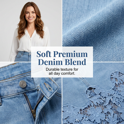 Women's Denim Bodycon Skirt with Hollow Lace Trim