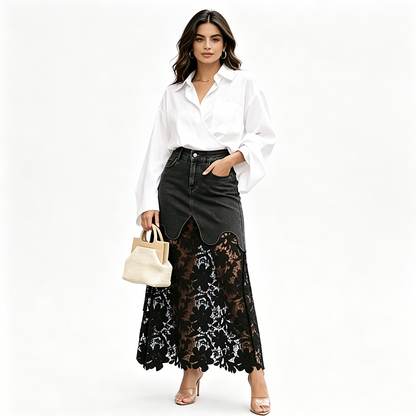 Women's Denim Bodycon Skirt with Hollow Lace Trim