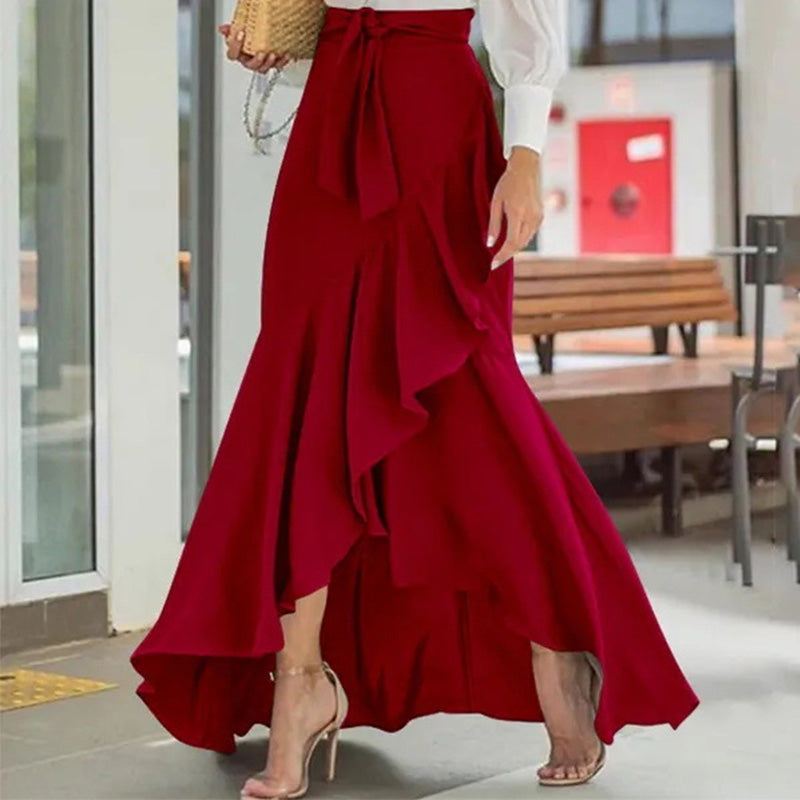 Women's High-Waist Asymmetrical Ruffle Maxi Skirt