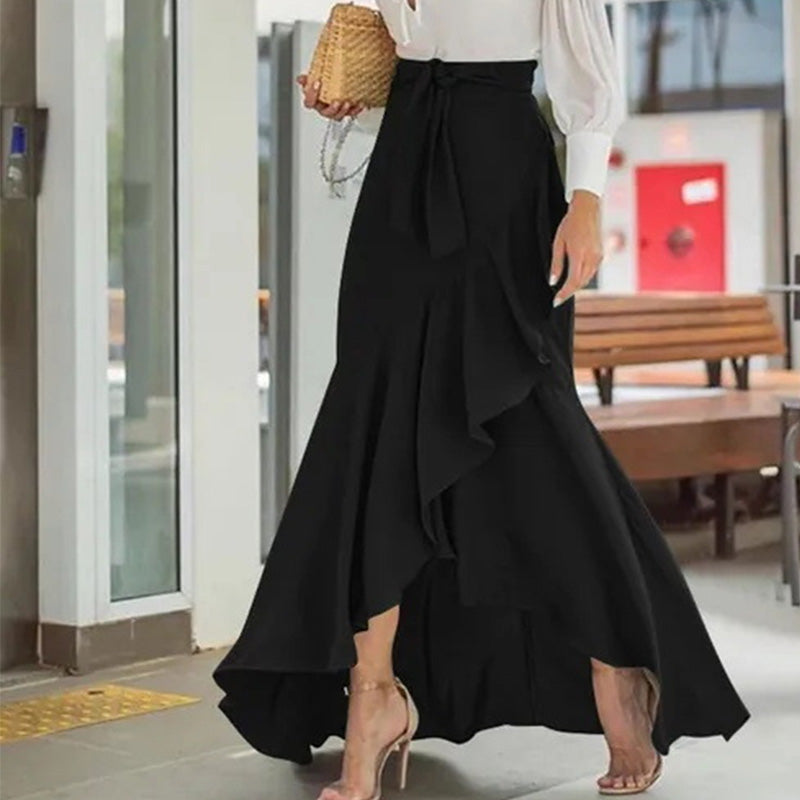 Women's High-Waist Asymmetrical Ruffle Maxi Skirt