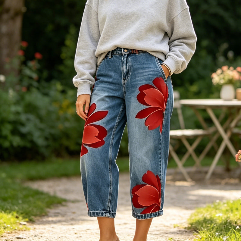 🥳 45% OFF! 🥳 Artistic Flower Wide-Leg Jeans for Women