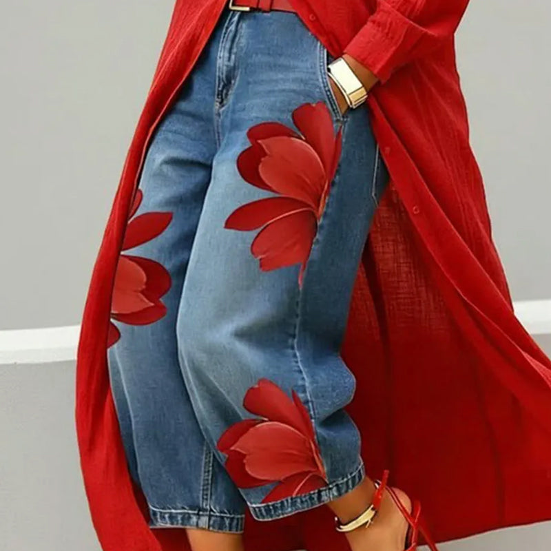 🥳 45% OFF! 🥳 Artistic Flower Wide-Leg Jeans for Women