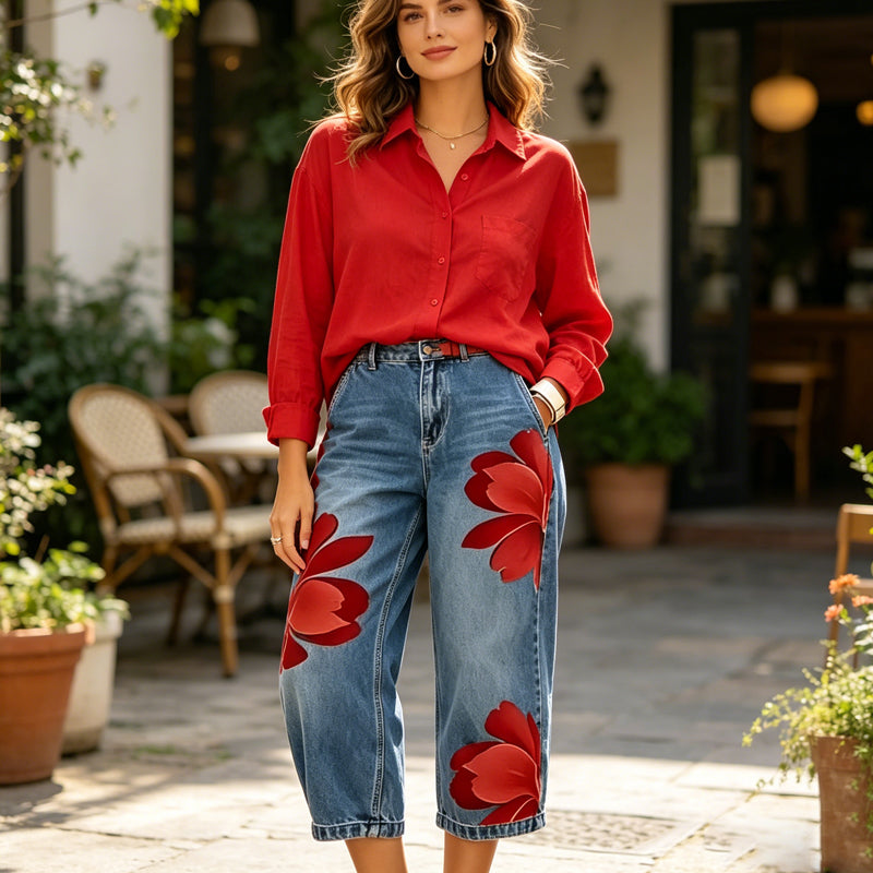 🥳 45% OFF! 🥳 Artistic Flower Wide-Leg Jeans for Women