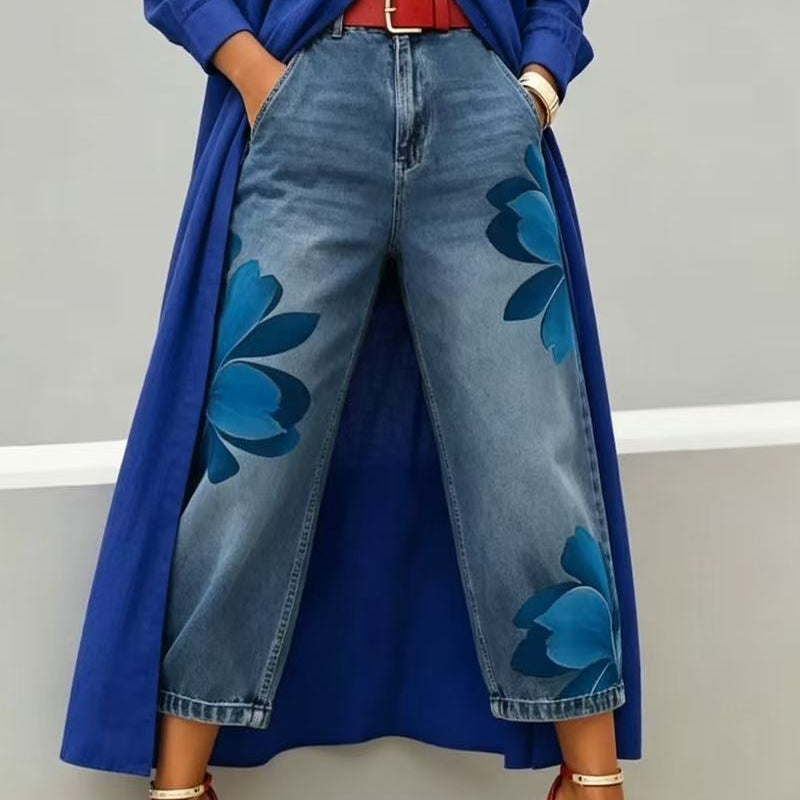 🥳 45% OFF! 🥳 Artistic Flower Wide-Leg Jeans for Women