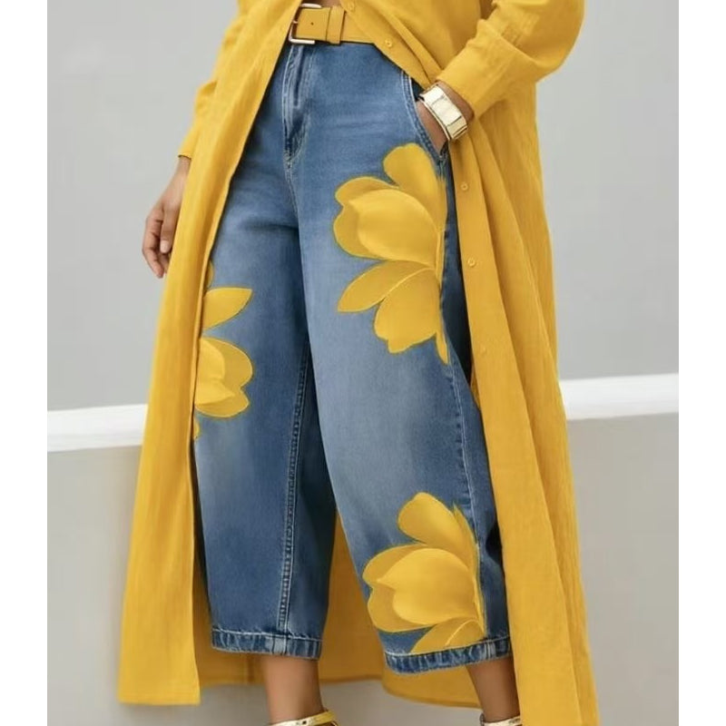 🥳 45% OFF! 🥳 Artistic Flower Wide-Leg Jeans for Women