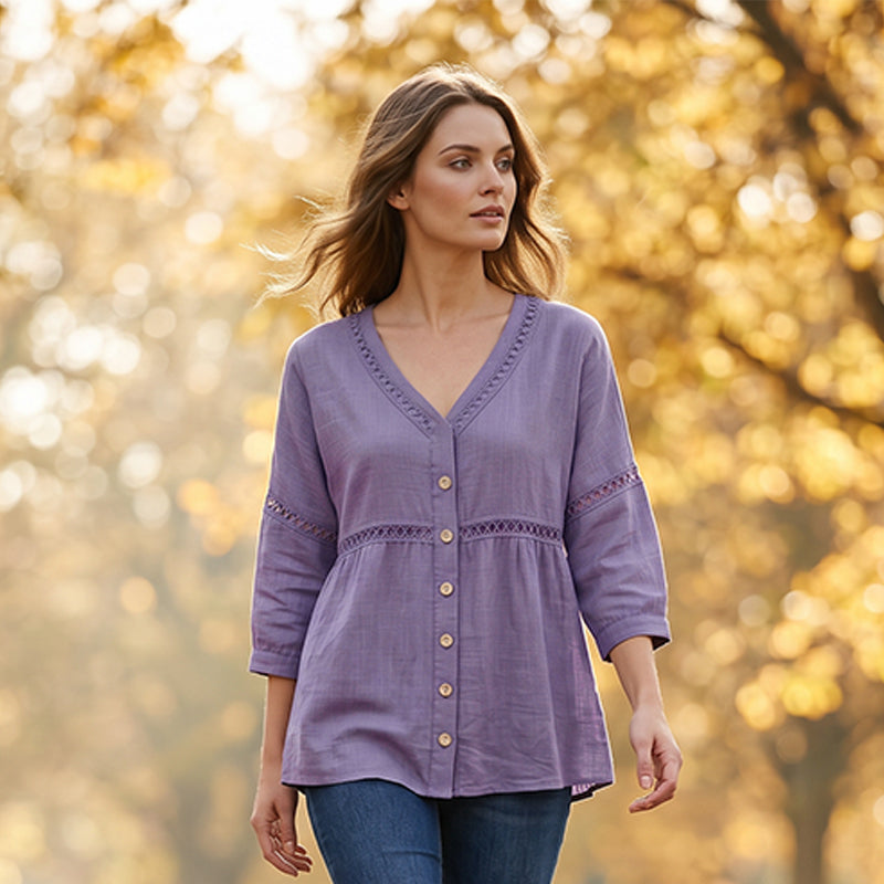 Women's V-Neck Lace Trim Button-Down Blouse