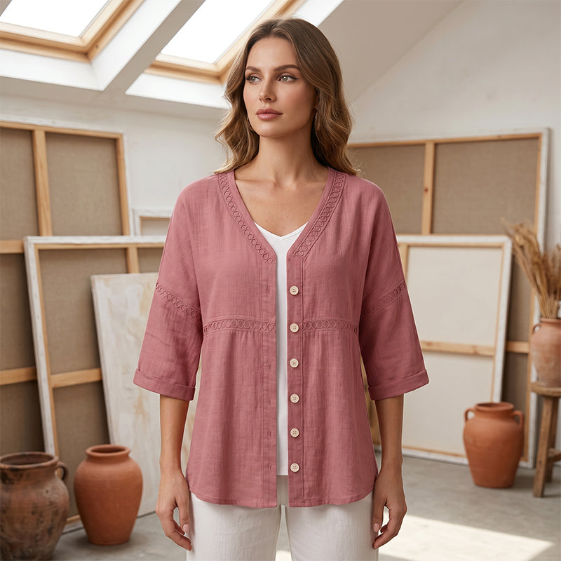 👚Women's V-Neck Lace Trim Button-Down Blouse– Elegant Everyday Top✨