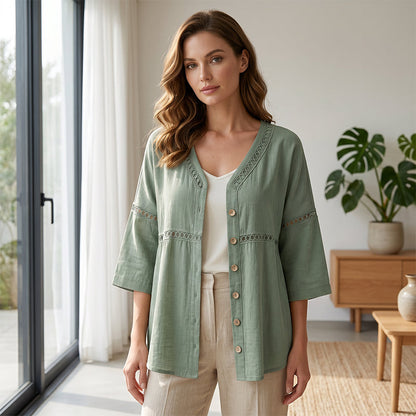Women's V-Neck Lace Trim Button-Down Blouse