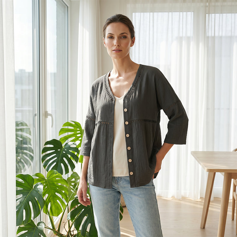 👚Women's V-Neck Lace Trim Button-Down Blouse– Elegant Everyday Top✨