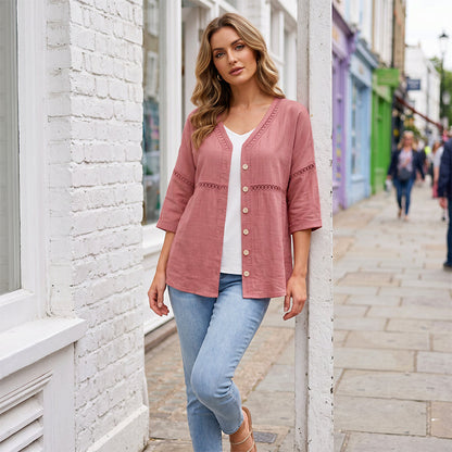 👚Women's V-Neck Lace Trim Button-Down Blouse– Elegant Everyday Top✨