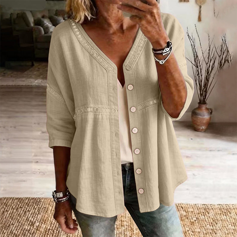 👚Women's V-Neck Lace Trim Button-Down Blouse– Elegant Everyday Top✨
