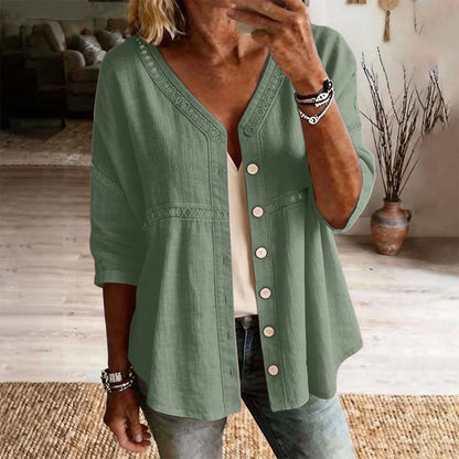 👚Women's V-Neck Lace Trim Button-Down Blouse– Elegant Everyday Top✨
