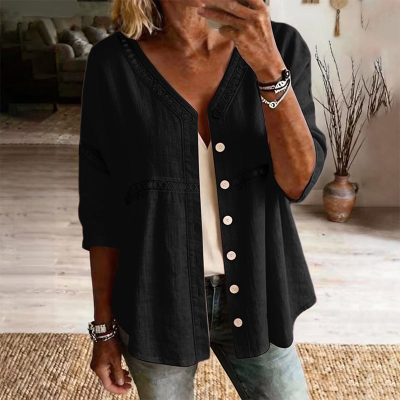 👚Women's V-Neck Lace Trim Button-Down Blouse– Elegant Everyday Top✨