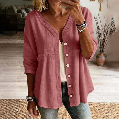 Women's V-Neck Lace Trim Button-Down Blouse
