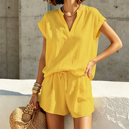 Women's Casual V-Neck Top & Shorts Set