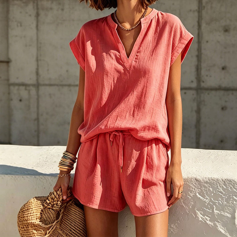 Women's Casual V-Neck Top & Shorts Set