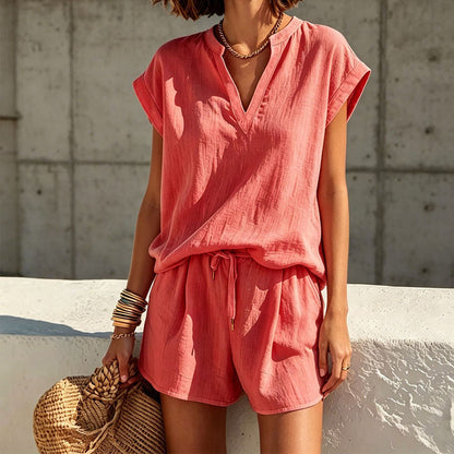 Women's Casual V-Neck Top & Shorts Set
