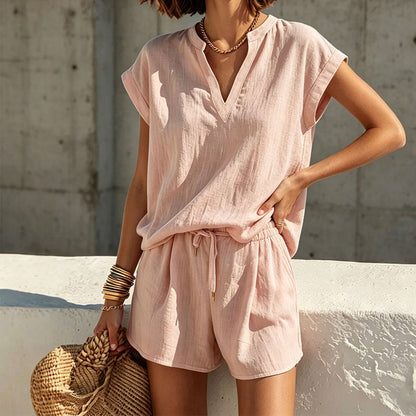Women's Casual V-Neck Top & Shorts Set