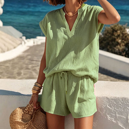 Women's Casual V-Neck Top & Shorts Set