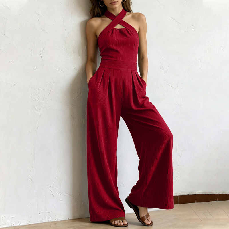 📢📢40% OFF !! ⏰Elegant Criss-Cross Halter Neck Jumpsuit