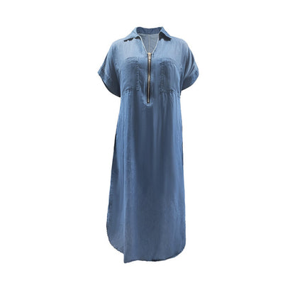 Women's V-Neck Zip-Up Denim Maxi Dress