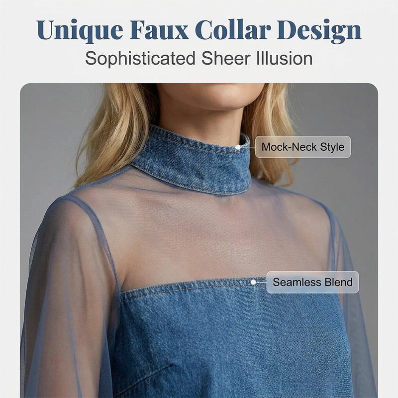 💙Lantern Sleeve Faux Collar Denim Skirt – Sheer, Chic & Stunning ✨