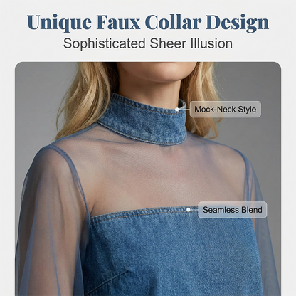 💙Lantern Sleeve Faux Collar Denim Skirt – Sheer, Chic & Stunning ✨