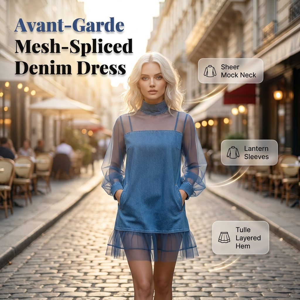 💙Lantern Sleeve Faux Collar Denim Skirt – Sheer, Chic & Stunning ✨