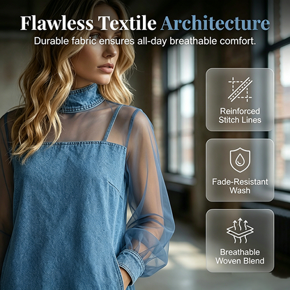 💙Lantern Sleeve Faux Collar Denim Skirt – Sheer, Chic & Stunning ✨