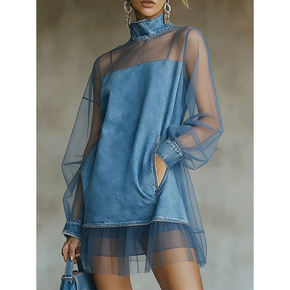 💙Lantern Sleeve Faux Collar Denim Skirt – Sheer, Chic & Stunning ✨