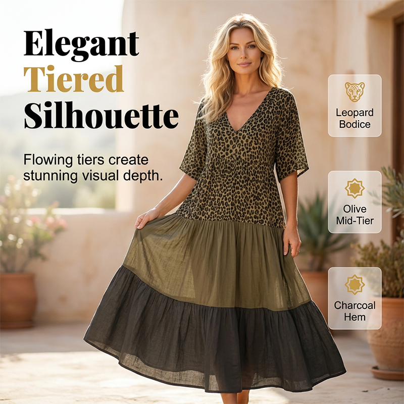 Women's Elegant Bohemian Maxi Dress | Modest V-Neck Tiered Skirt Lightweight Holiday Tunic for Mature Ladies