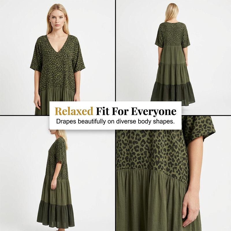 Women's Elegant Bohemian Maxi Dress | Modest V-Neck Tiered Skirt Lightweight Holiday Tunic for Mature Ladies