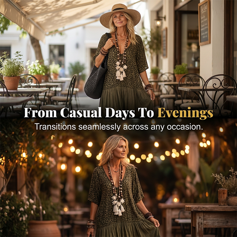Women's Elegant Bohemian Maxi Dress | Modest V-Neck Tiered Skirt Lightweight Holiday Tunic for Mature Ladies