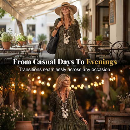 Women's Elegant Bohemian Maxi Dress | Modest V-Neck Tiered Skirt Lightweight Holiday Tunic for Mature Ladies