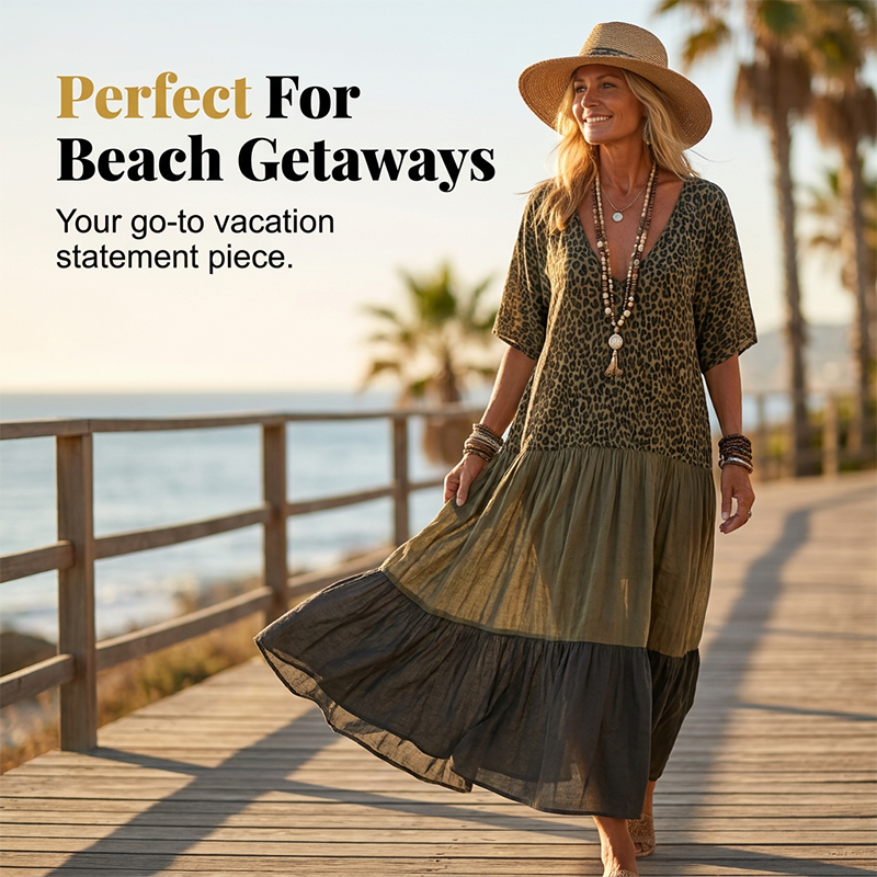 Women's Elegant Bohemian Maxi Dress | Modest V-Neck Tiered Skirt Lightweight Holiday Tunic for Mature Ladies