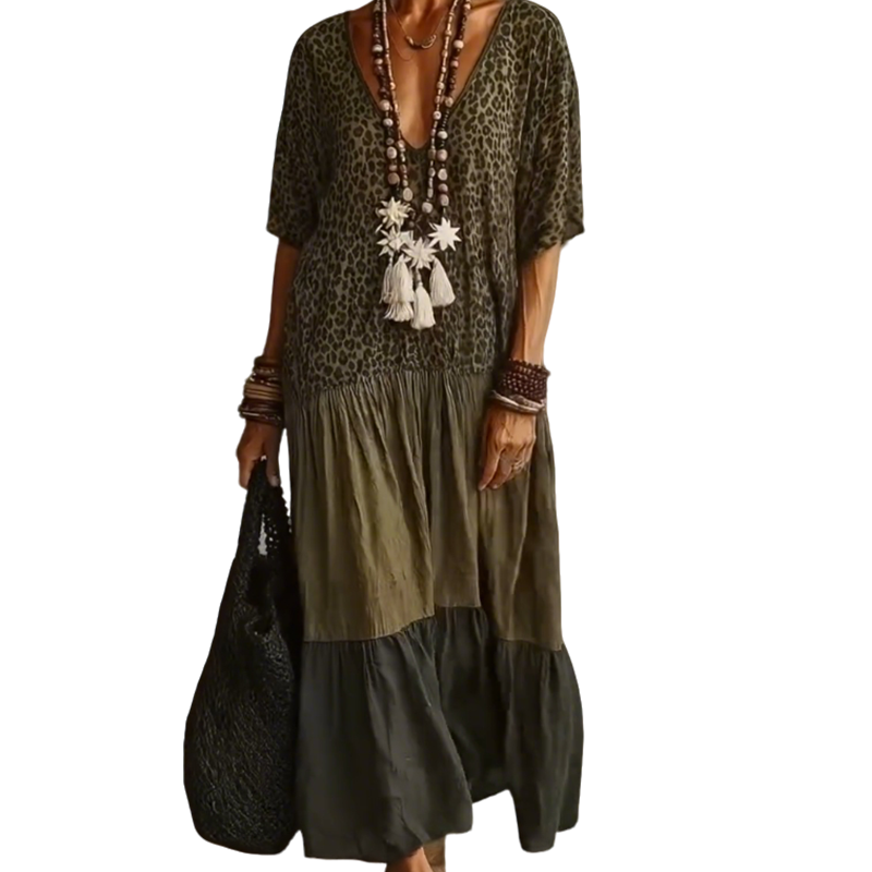Women's Elegant Bohemian Maxi Dress | Modest V-Neck Tiered Skirt Lightweight Holiday Tunic for Mature Ladies