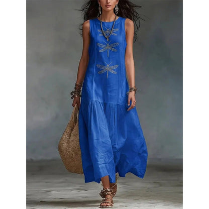Women's Sleeveless Dragonfly Print Loose Fit Dress